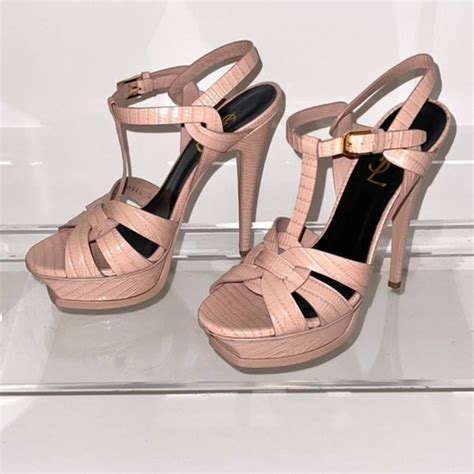 YSL Saint Laurent Tribute 105 Stiletto Lizard Leather Pale Pink 